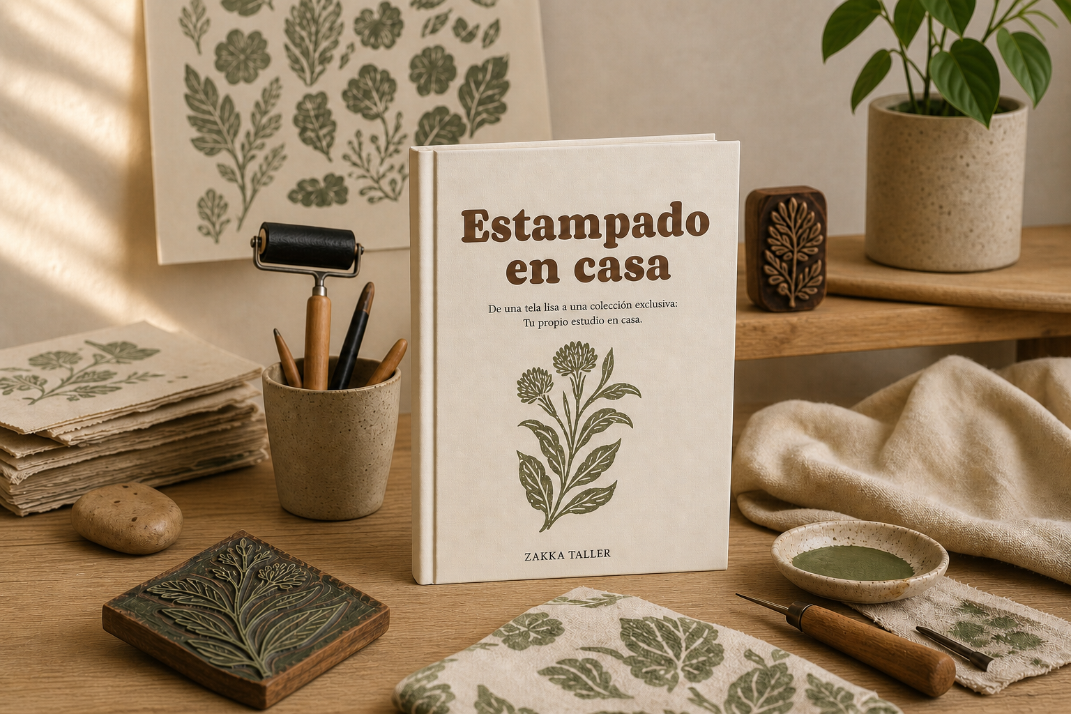 Mockup del ebook Estampado en casa junto a materiales de estampado
